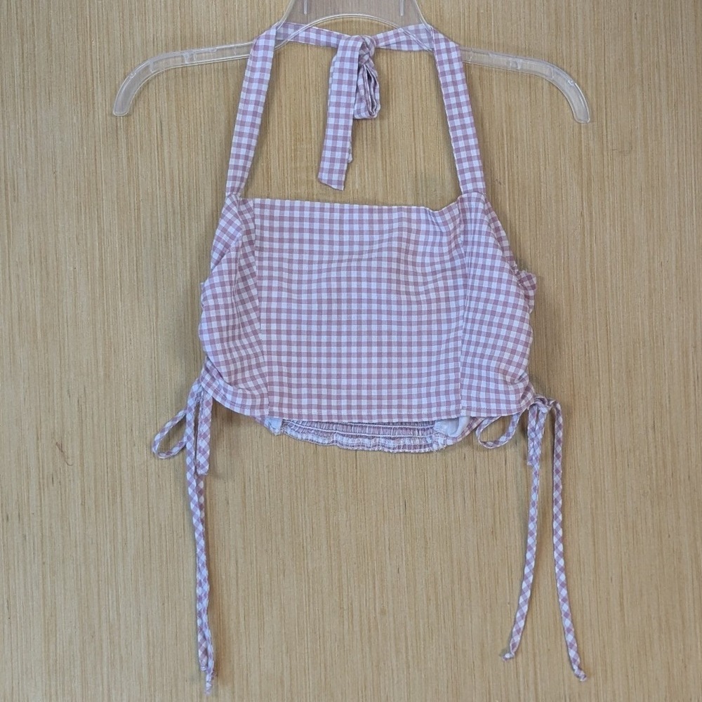 LA Hearts PacSun Women Purple Gingham Halter Crop Top Medium Smocked Back